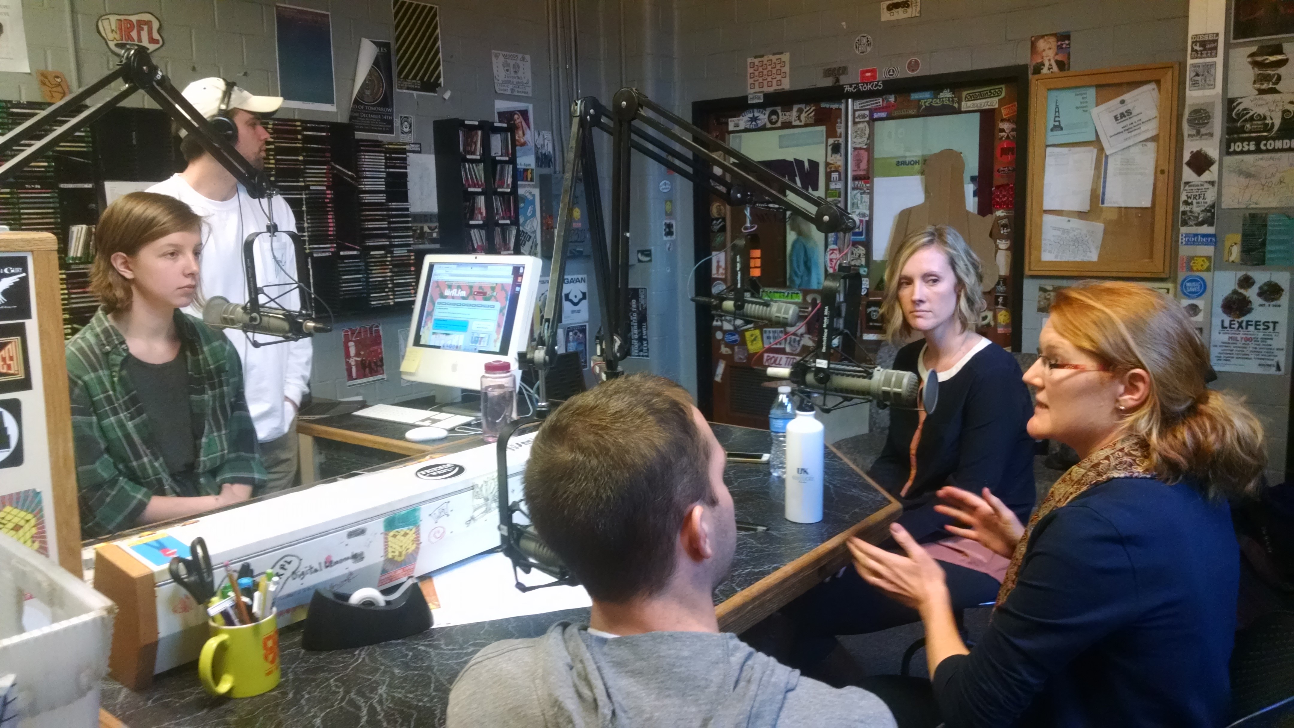 Michael Blum (Mechanical Engineering Student), Krista Jacobsen (Horticulture) and Helen Turner (Interior Design) discuss their work bringing food and design together at the Greg Page Shawneetown Community Garden with "Green Talks" host Ellen Green on Jan. 21, 2015. 